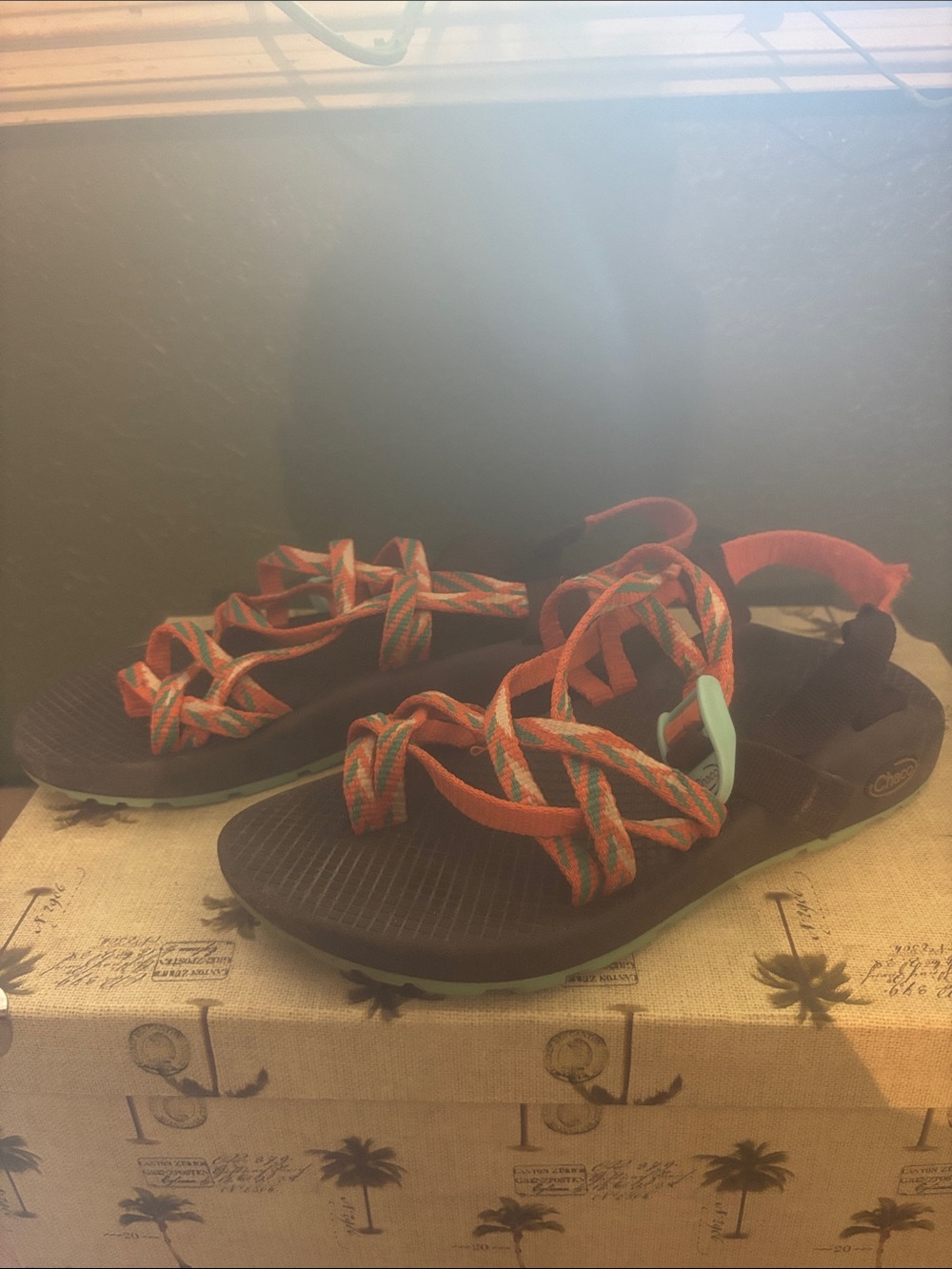 Chaco Sandals - Orange and Teal Straps on Black Footbed